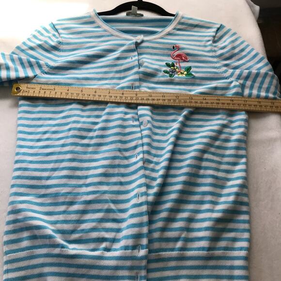 Talbots small blue white striped 3/4 sleeve embroidered button up knit cardigan - Picture 8 of 9